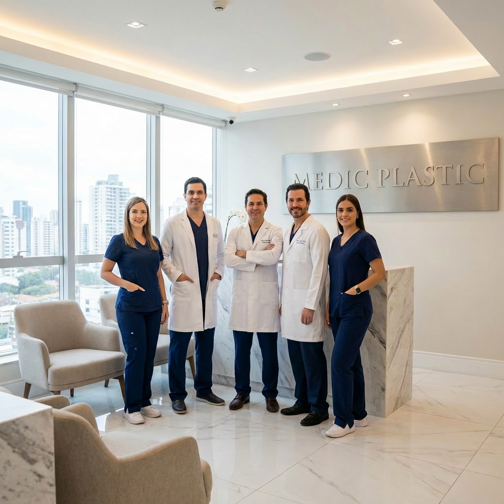 Five medical professionals standing in the reception area of Clínica Élite Estética.